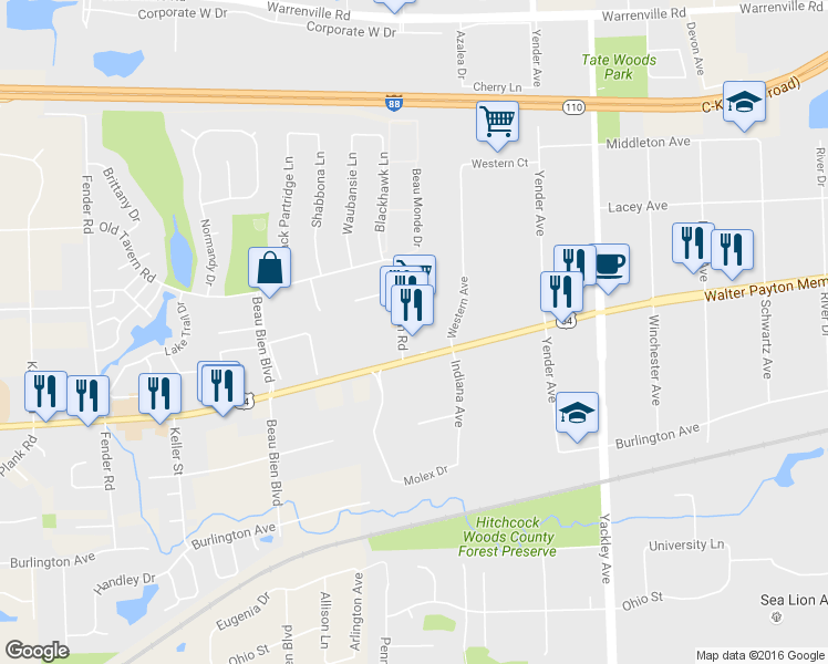map of restaurants, bars, coffee shops, grocery stores, and more near 4671 Old Tavern Road in Lisle