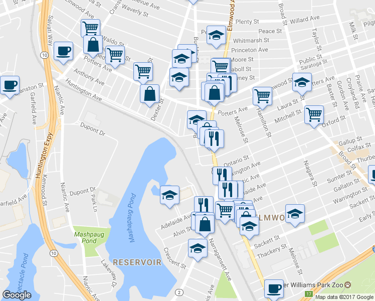 map of restaurants, bars, coffee shops, grocery stores, and more near 46 Redwing St in Providence