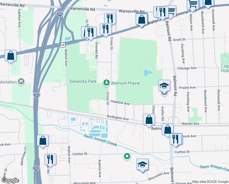map of restaurants, bars, coffee shops, grocery stores, and more near 4836 Francisco Avenue in Downers Grove