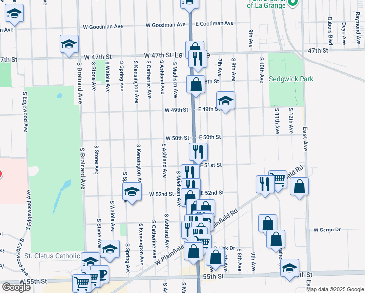map of restaurants, bars, coffee shops, grocery stores, and more near 815 South Madison Avenue in La Grange