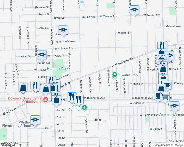 map of restaurants, bars, coffee shops, grocery stores, and more near 128 Maple Avenue in Downers Grove