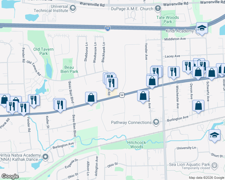 map of restaurants, bars, coffee shops, grocery stores, and more near 4671 Old Tavern Road in Lisle