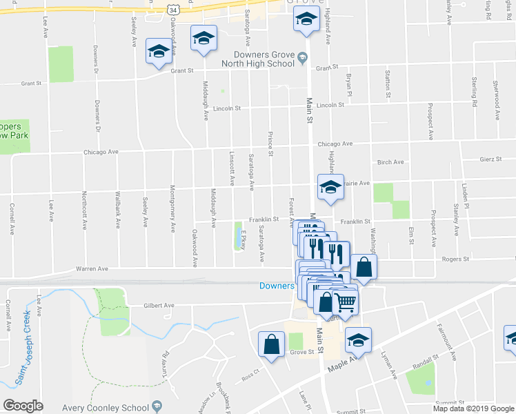 map of restaurants, bars, coffee shops, grocery stores, and more near 4825 Saratoga Avenue in Downers Grove