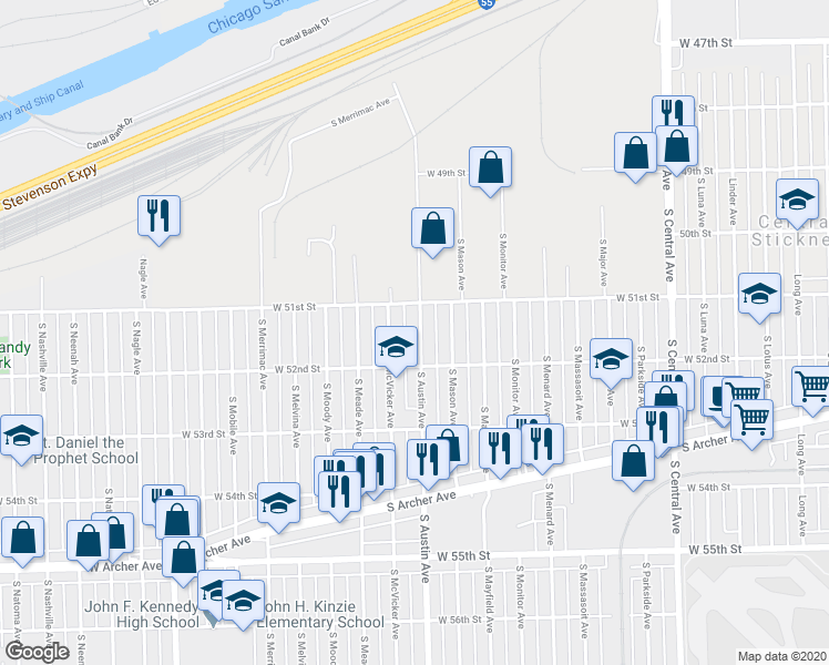 map of restaurants, bars, coffee shops, grocery stores, and more near 5126 South Austin Avenue in Chicago