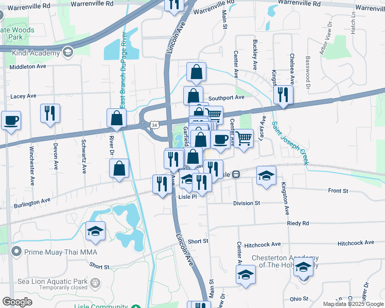 map of restaurants, bars, coffee shops, grocery stores, and more near 4725 Garfield Avenue in Lisle