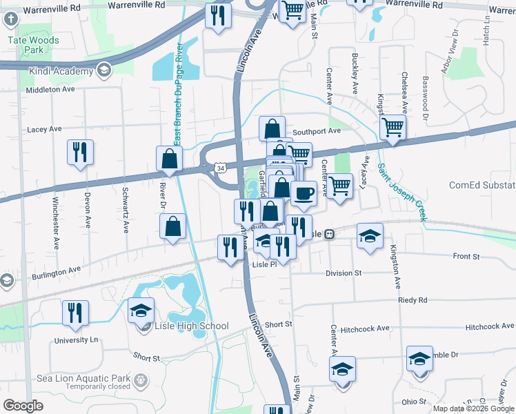 map of restaurants, bars, coffee shops, grocery stores, and more near 4721 Illinois 53 in Lisle