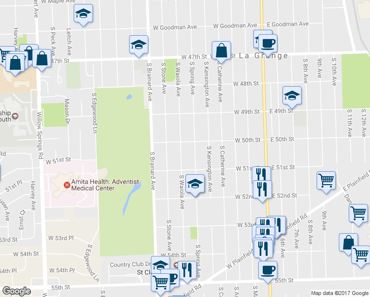 map of restaurants, bars, coffee shops, grocery stores, and more near 811 South Waiola Avenue in La Grange