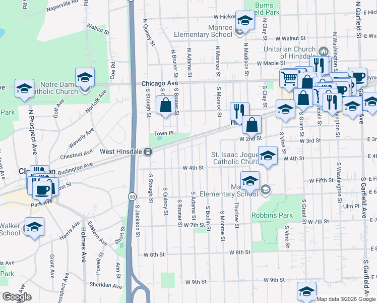 map of restaurants, bars, coffee shops, grocery stores, and more near 218 South Adams Street in Hinsdale