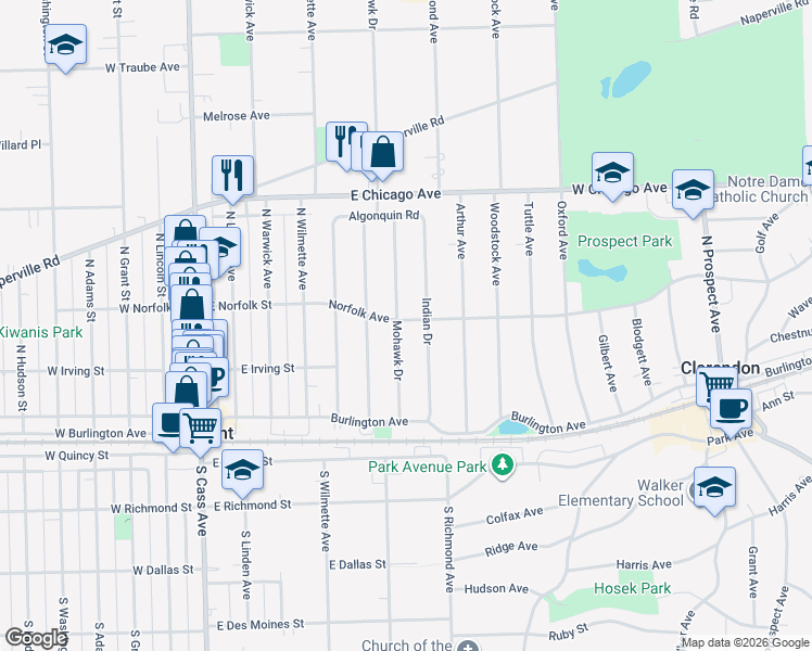 map of restaurants, bars, coffee shops, grocery stores, and more near 101 Mohawk Drive in Clarendon Hills