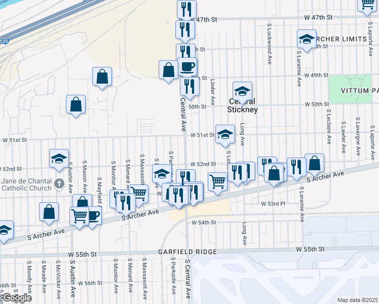 map of restaurants, bars, coffee shops, grocery stores, and more near 5133 South Central Avenue in Chicago