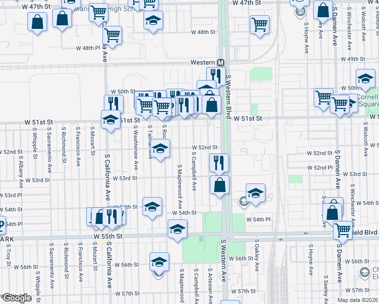 map of restaurants, bars, coffee shops, grocery stores, and more near 5204 South Campbell Avenue in Chicago