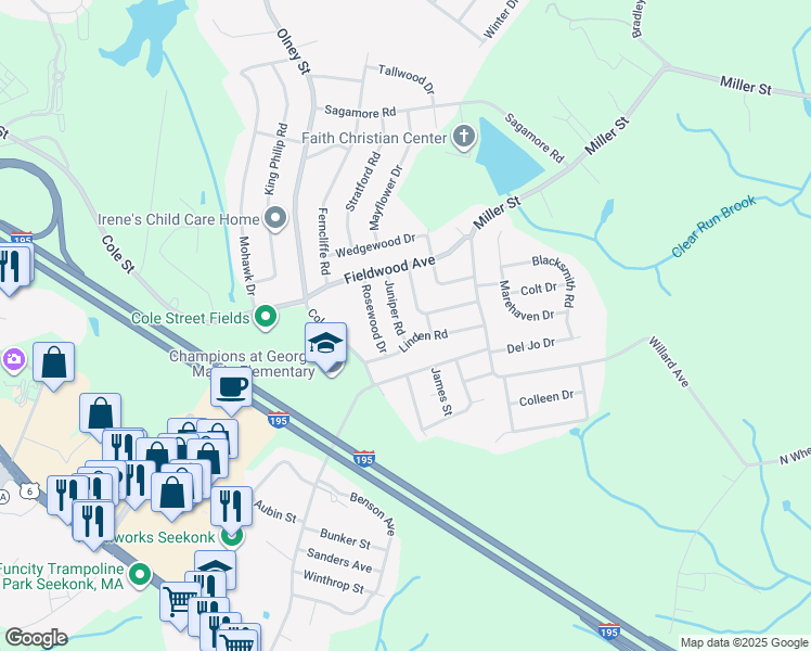 map of restaurants, bars, coffee shops, grocery stores, and more near 50 Linden Road in Seekonk