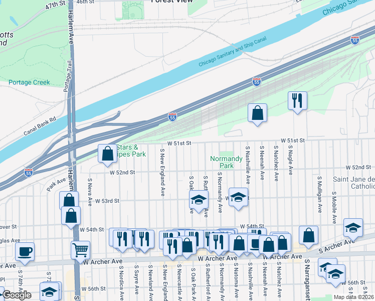 map of restaurants, bars, coffee shops, grocery stores, and more near 5114 South Oak Park Avenue in Chicago