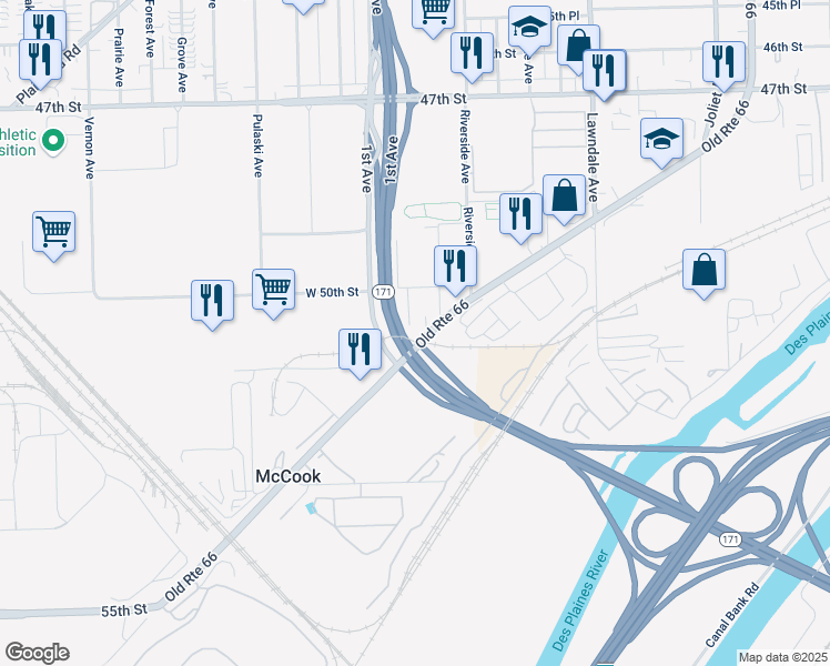 map of restaurants, bars, coffee shops, grocery stores, and more near 8440 Joliet Road in McCook