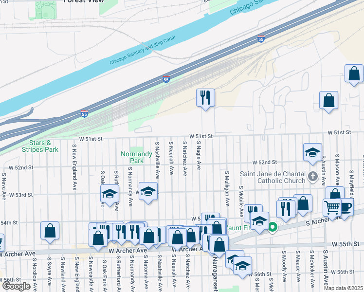 map of restaurants, bars, coffee shops, grocery stores, and more near 5116 South Natchez Avenue in Chicago