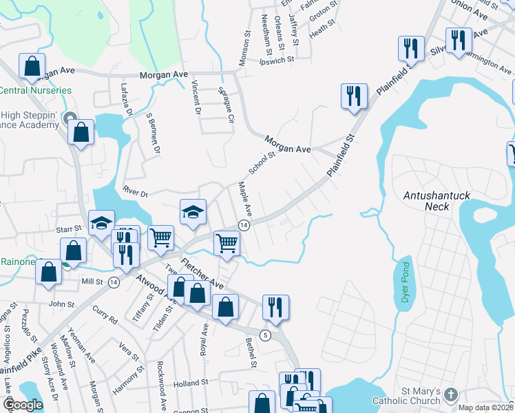 map of restaurants, bars, coffee shops, grocery stores, and more near 96 Walnut Street in Johnston