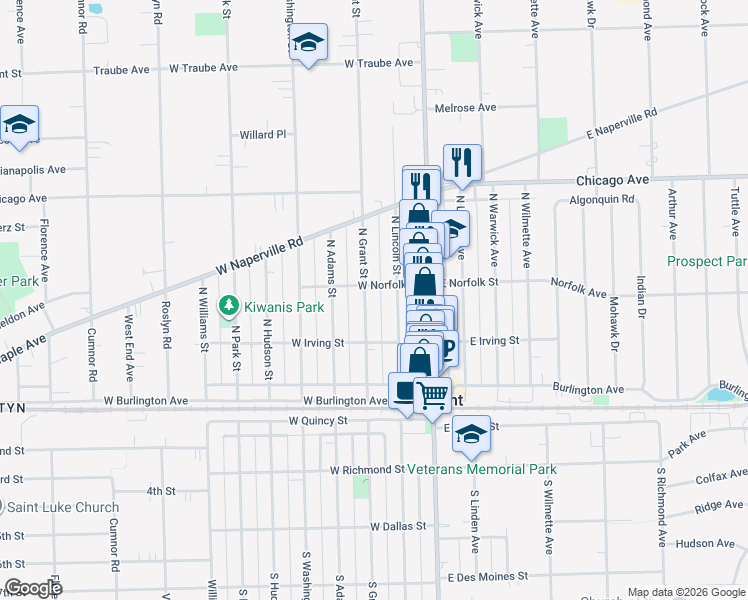 map of restaurants, bars, coffee shops, grocery stores, and more near 133 N Grant St in Westmont