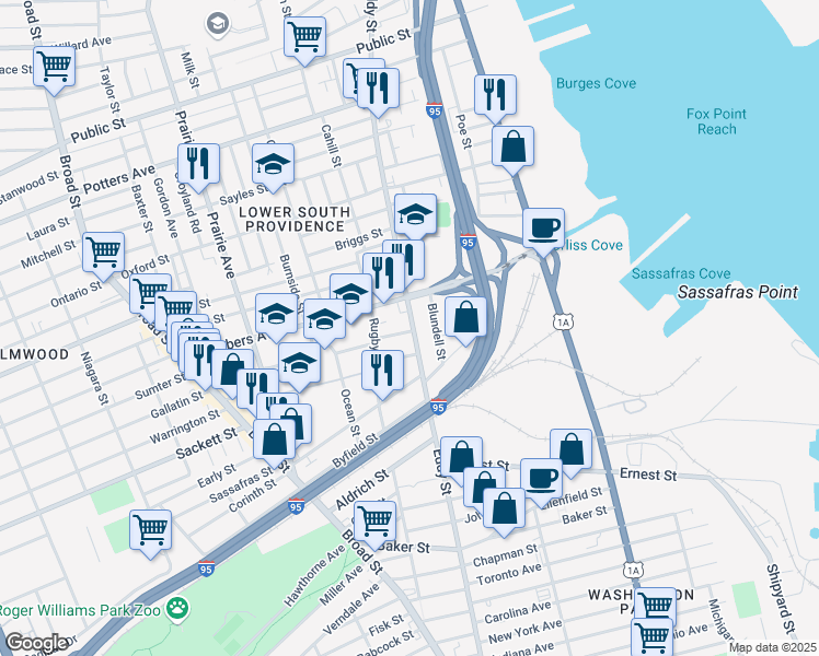 map of restaurants, bars, coffee shops, grocery stores, and more near 3 Applegate Lane in Providence