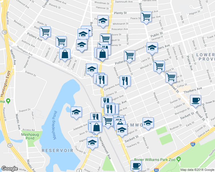 map of restaurants, bars, coffee shops, grocery stores, and more near 199 Congress Avenue in Providence