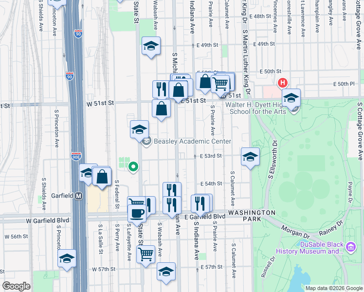 map of restaurants, bars, coffee shops, grocery stores, and more near 5234 South Michigan Avenue in Chicago