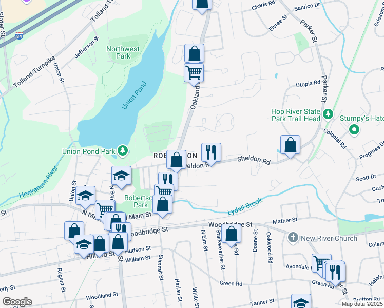 map of restaurants, bars, coffee shops, grocery stores, and more near 163 Oakland St in Manchester