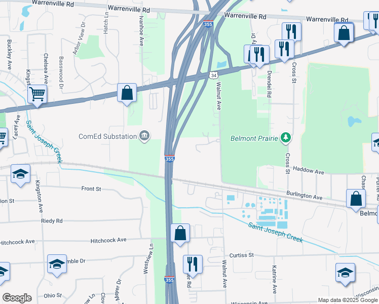 map of restaurants, bars, coffee shops, grocery stores, and more near 1040 Burlington Avenue in Lisle