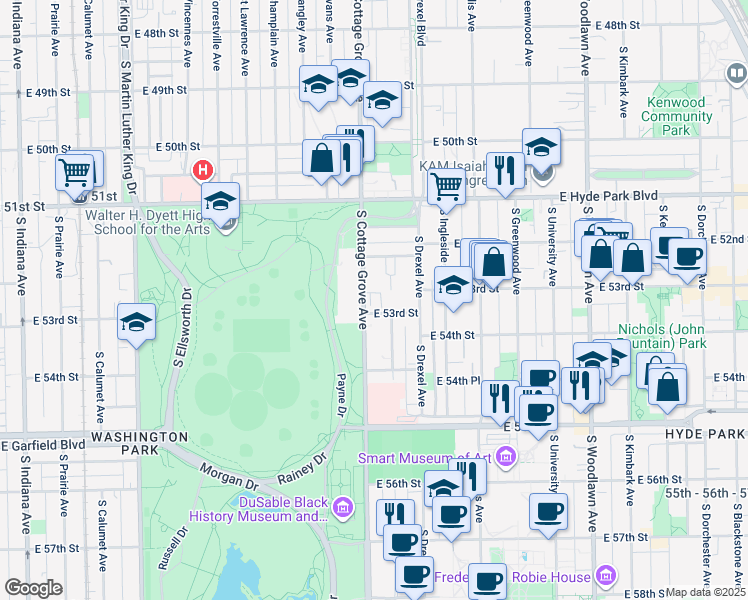 map of restaurants, bars, coffee shops, grocery stores, and more near 5245 South Cottage Grove Avenue in Chicago