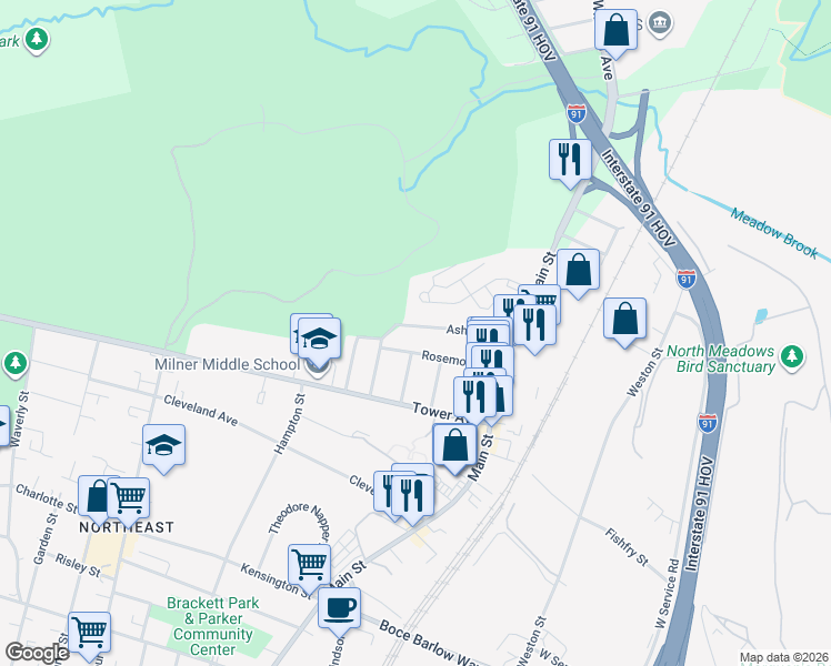 map of restaurants, bars, coffee shops, grocery stores, and more near 79 Ashford Street in Hartford