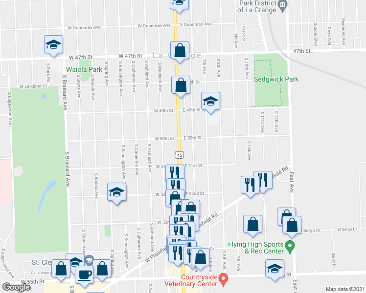 map of restaurants, bars, coffee shops, grocery stores, and more near 815 South La Grange Road in La Grange