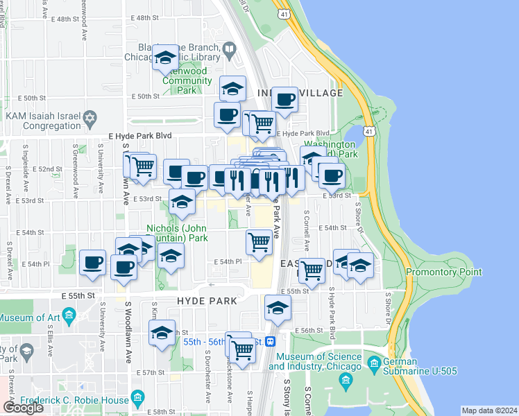 map of restaurants, bars, coffee shops, grocery stores, and more near 5313 South Harper Avenue in Chicago