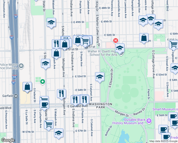 map of restaurants, bars, coffee shops, grocery stores, and more near 5238 South Calumet Avenue in Chicago