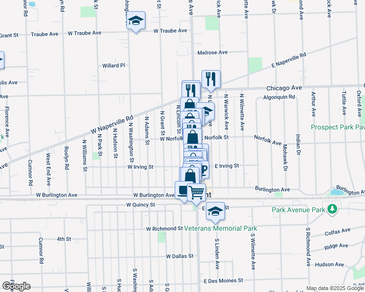 map of restaurants, bars, coffee shops, grocery stores, and more near 133 North Lincoln Street in Westmont
