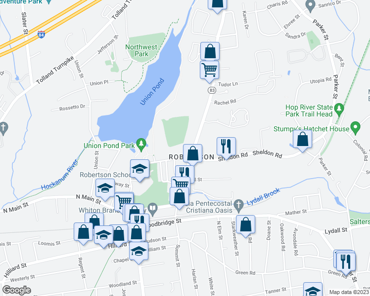 map of restaurants, bars, coffee shops, grocery stores, and more near 182 North School Street in Manchester
