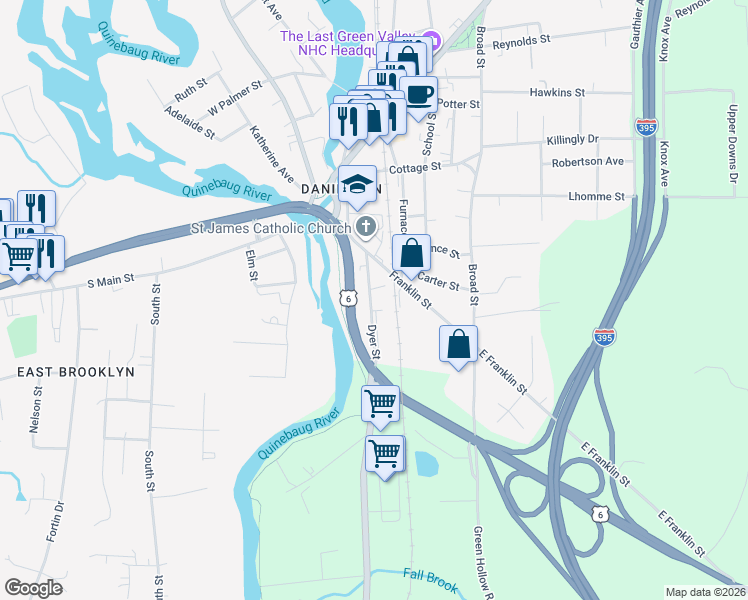 map of restaurants, bars, coffee shops, grocery stores, and more near 44 Dyer Street in Killingly