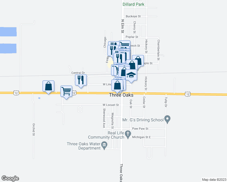 map of restaurants, bars, coffee shops, grocery stores, and more near 8 West Ash Street in Three Oaks