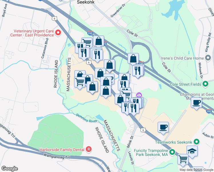 map of restaurants, bars, coffee shops, grocery stores, and more near 201 Highland Avenue in Seekonk