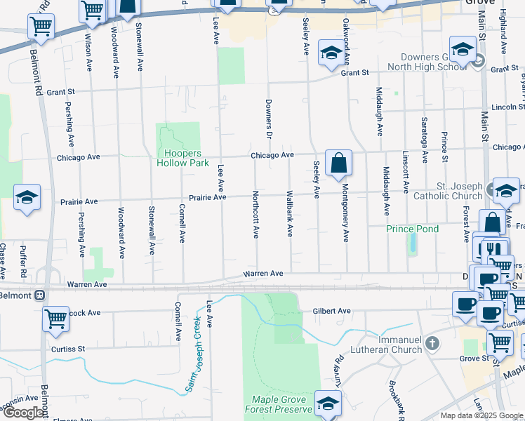 map of restaurants, bars, coffee shops, grocery stores, and more near 4813 Northcott Avenue in Downers Grove