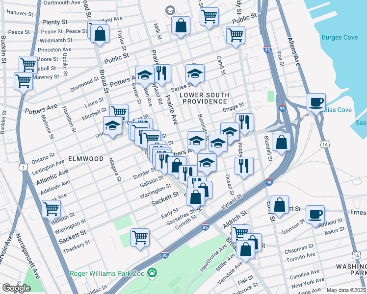 map of restaurants, bars, coffee shops, grocery stores, and more near 545 Prairie Avenue in Providence