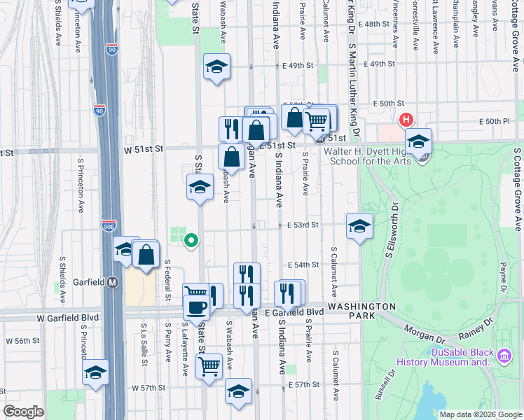 map of restaurants, bars, coffee shops, grocery stores, and more near 5234 South Michigan Avenue in Chicago