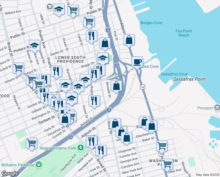 map of restaurants, bars, coffee shops, grocery stores, and more near 36 Blundell Street in Providence