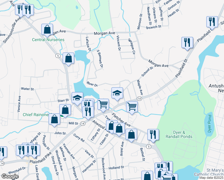 map of restaurants, bars, coffee shops, grocery stores, and more near 61 Vanner Street in Johnston