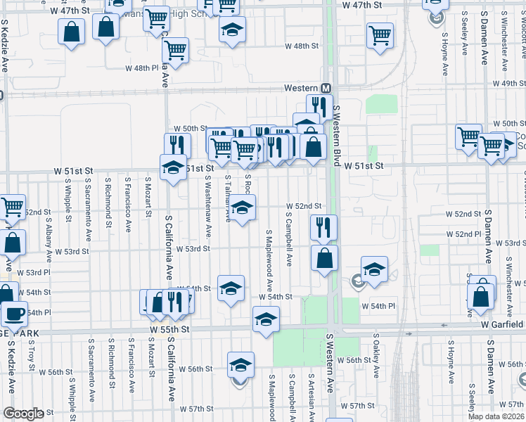 map of restaurants, bars, coffee shops, grocery stores, and more near 5202 South Maplewood Avenue in Chicago