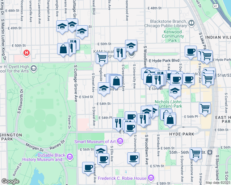 map of restaurants, bars, coffee shops, grocery stores, and more near 5301-5309 South Ellis Avenue in Chicago