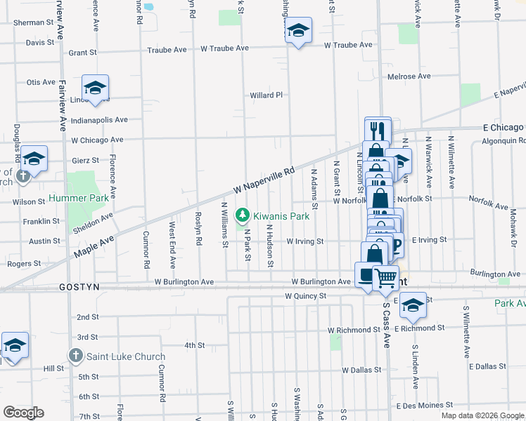 map of restaurants, bars, coffee shops, grocery stores, and more near 130 North Hudson Street in Westmont