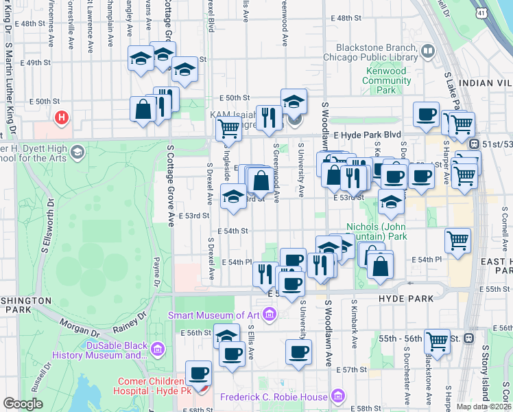 map of restaurants, bars, coffee shops, grocery stores, and more near 5309 South Ellis Avenue in Chicago