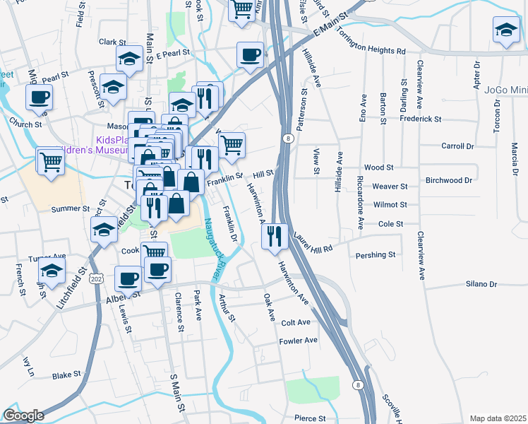 map of restaurants, bars, coffee shops, grocery stores, and more near 99 Harwinton Avenue in Torrington