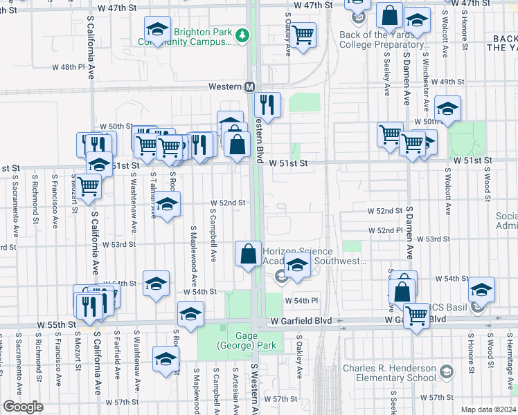 map of restaurants, bars, coffee shops, grocery stores, and more near 5141 South Western Avenue in Chicago
