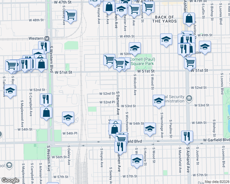 map of restaurants, bars, coffee shops, grocery stores, and more near 5174 South Damen Avenue in Chicago