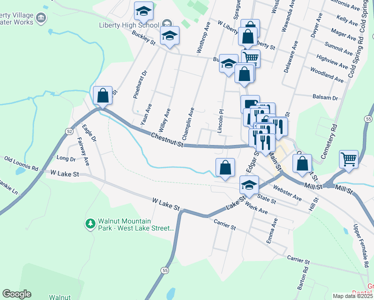 map of restaurants, bars, coffee shops, grocery stores, and more near 138 Chestnut Street in Liberty