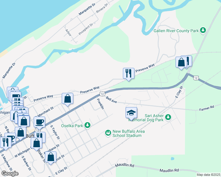 map of restaurants, bars, coffee shops, grocery stores, and more near 9400 U.S. 12 in Grand Beach